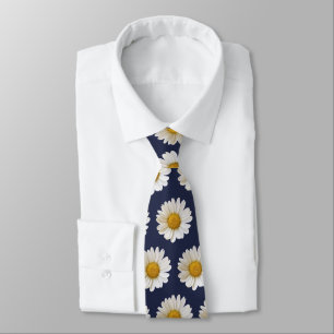 White Daisies Pattern on Dark Blue Neck Tie