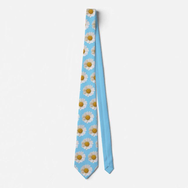 White Daisies Pattern on Light Blue Tie (Front)