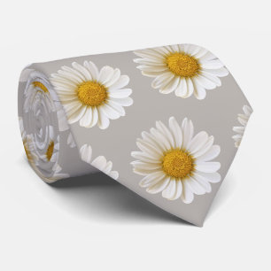 White Daisies Pattern on Light Gray Neck Tie