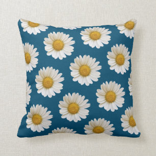 White Daisies Pattern on Ocean Blue Throw Pillow