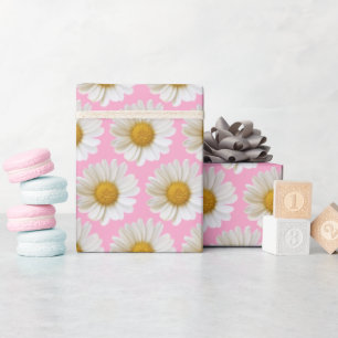 White Daisies Pattern on Pink Background Wrapping Paper