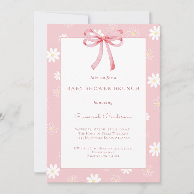 White Daisies Pink Bow Ribbon Baby Shower Brunch  Invitation (Front)