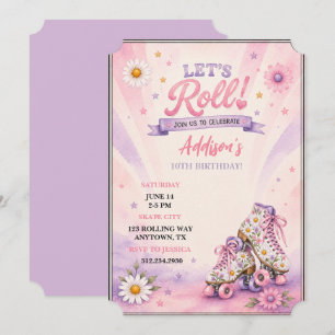 White Daisies Roller Skates Pink & Purple Birthday Invitation