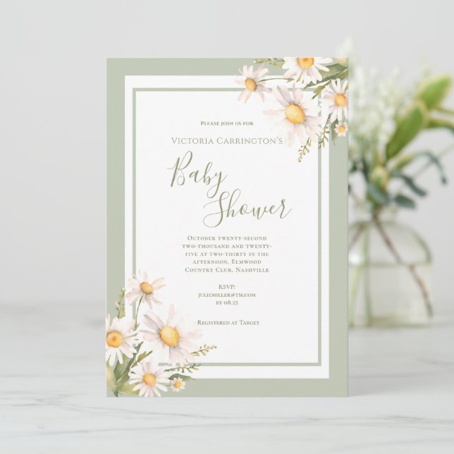 White Daisies Watercolor Baby Shower Invitation (Standing Front)