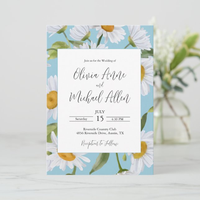 White Daisies Watercolor Blue Wedding Invitation (Standing Front)