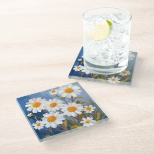 White Daisies Watercolor Flowers Painted Glass Coaster