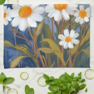 White Daisies Watercolor Flowers Painted Tea Towel