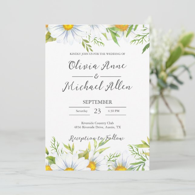 White Daisies Watercolor Script Wedding Invitation (Standing Front)