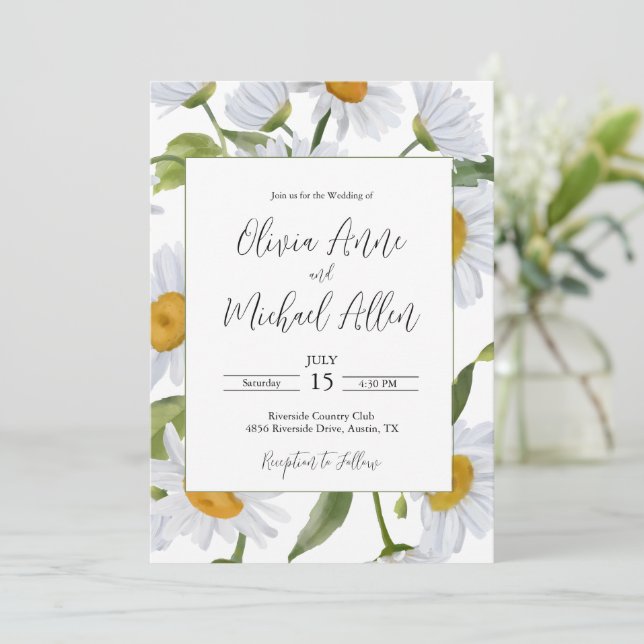 White Daisies Watercolor Wedding Invitation (Standing Front)
