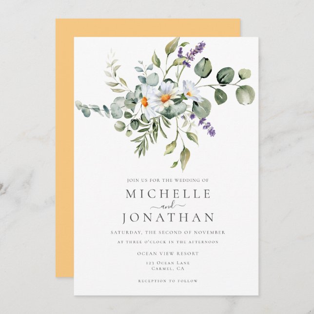 White Daisies Wedding  Invitation with QR Code (Front/Back)