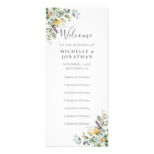 White Daisies Wedding Program Rack Card (Front)