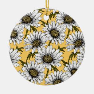 White daisies, wild flowers on yellow ceramic ornament