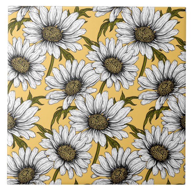 White daisies, wild flowers on yellow ceramic tile (Front)