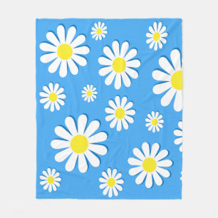 White Daisies with a blue background Fleece Blanket