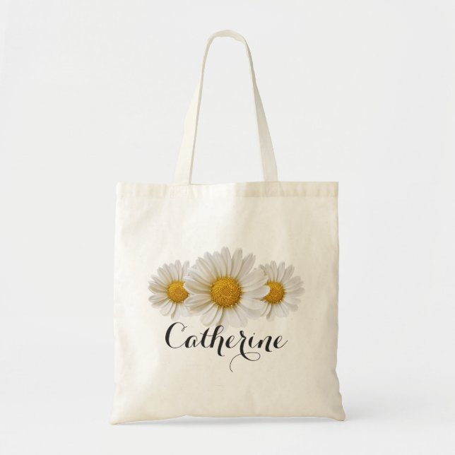 White Daisies with Custom Name Floral Tote Bag (Front)