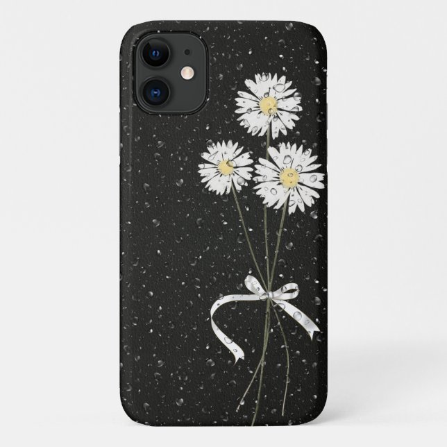 white daisies with raindrops on black Case-Mate iPhone case (Back)