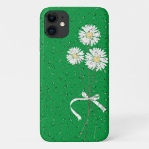 white daisies with raindrops on green iPhone 11 case