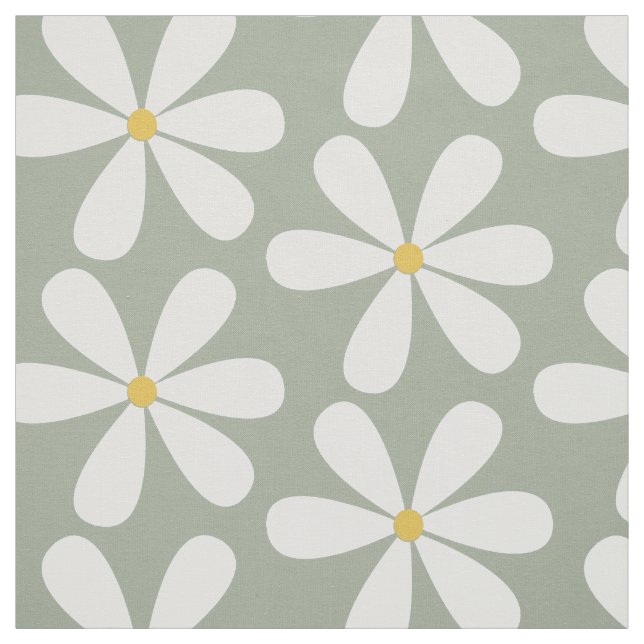White daisies with yellow centres on moss grey fabric (Swatch)