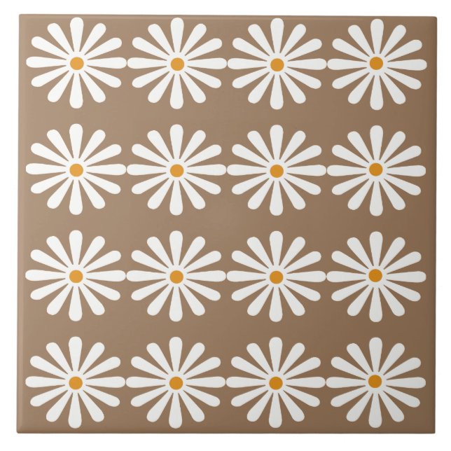 White daisies with yellow centres on sorrell brown ceramic tile (Front)