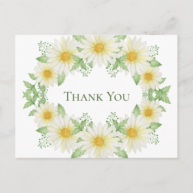 White Daisies Wreath Watercolor Budget Thank You Postcard (Front)