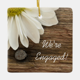 White Daisy and Barn Wood Country Engagement Ceramic Ornament