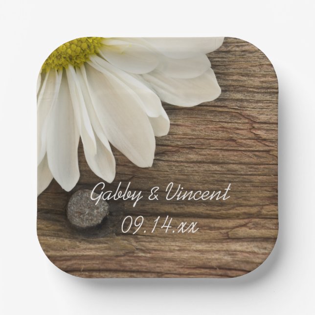 White Daisy and Barn Wood Country Wedding Paper Plate (Front)