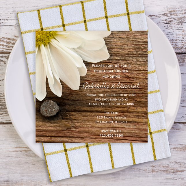 White Daisy and Barn Wood Wedding Rehearsal Dinner Invitation (Creator Uploaded)