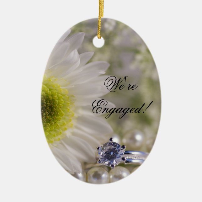 White Daisy and Diamond Ring Engagement Ceramic Tree Decoration (Front)