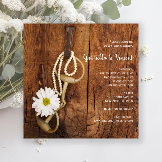 White Daisy and Horse Bit Country Western Wedding Invitation (Creator Uploaded)