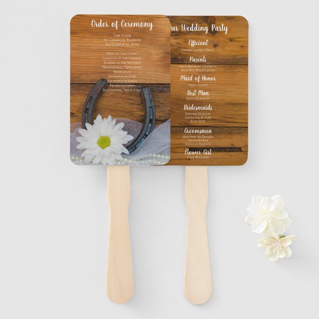 White Daisy and Horseshoe Country Western Wedding Hand Fan (Front and Back)
