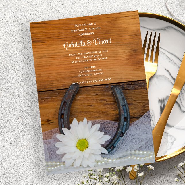 White Daisy and Horseshoe Western Rehearsal Dinner Invitation (Creator Uploaded)