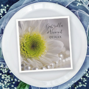 White Daisy and Pearls Wedding Napkin