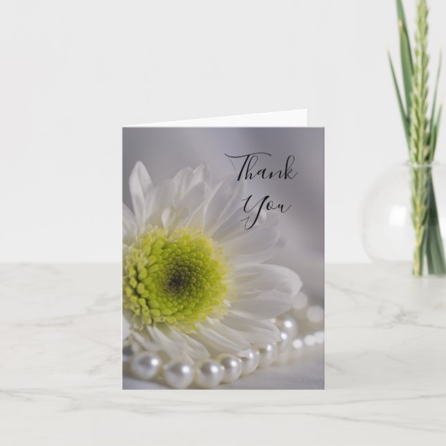 White Daisy and Pearls Wedding Thank You Card (Front)