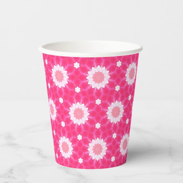 White daisy and stars over pink background pattern paper cups (Front)