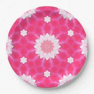 White daisy and stars over pink background pattern paper plate