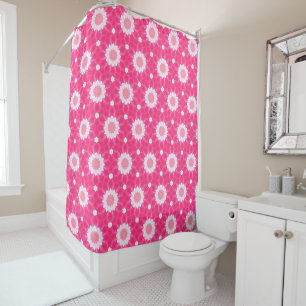 White daisy and stars over pink background pattern shower curtain