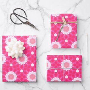 White daisy and stars over pink background pattern wrapping paper sheet