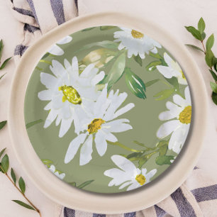 White Daisy   Baby Shower Summer floral bloom Paper Plate