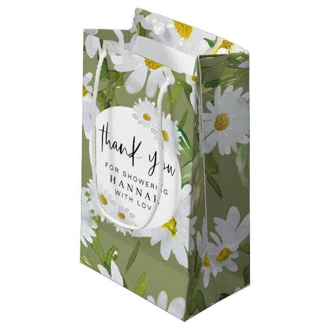 White Daisy Baby Shower Thank You Favours Small Gift Bag (Front Angled)
