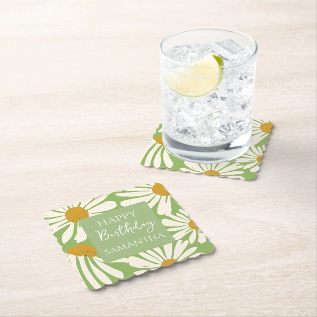 White Daisy Blooms –  Floral  Garden Birthday  Paper Coaster (Insitu)