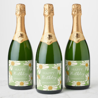 White Daisy Blooms –  Floral  Garden Birthday  Sparkling Wine Label