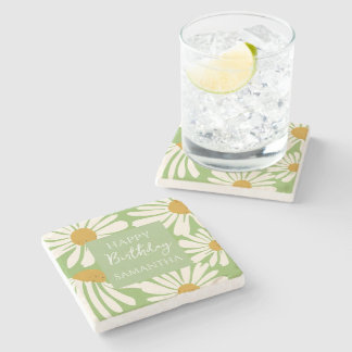 White Daisy Blooms –  Floral  Garden Birthday  Stone Coaster