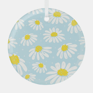 White Daisy Blue Background Seamless Glass Tree Decoration