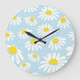 White Daisy Blue Background Seamless Large Clock