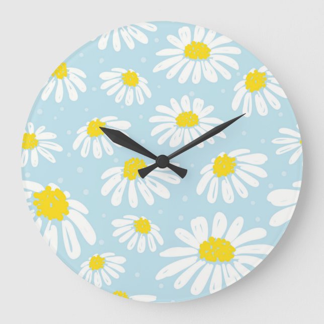 White Daisy Blue Background Seamless Large Clock (Front)