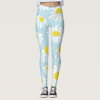 White Daisy Blue Background Seamless Leggings