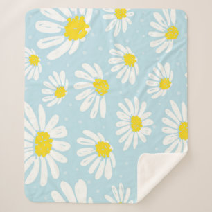White Daisy Blue Background Seamless Sherpa Blanket