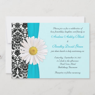 White Daisy Blue Black Damask Wedding Invitation