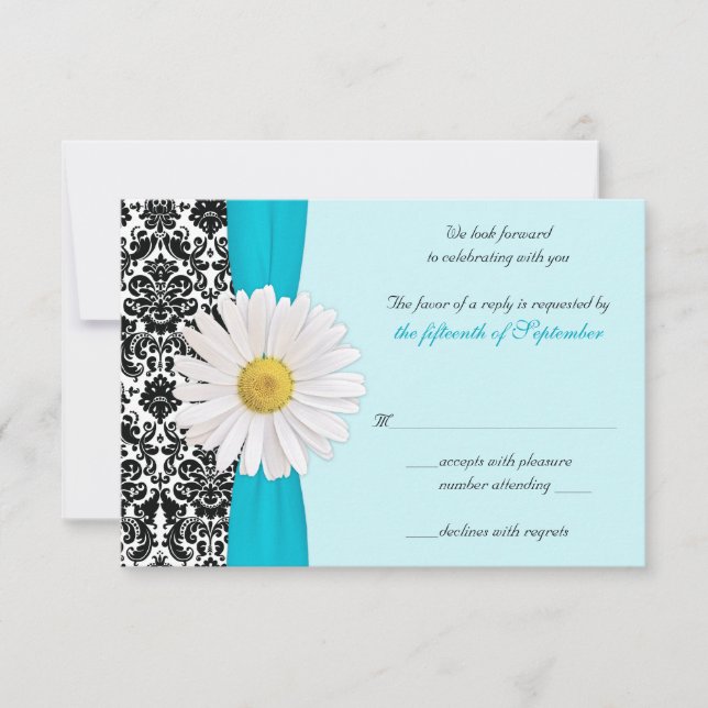 White Daisy Blue Black Damask Wedding Reply Card (Front)