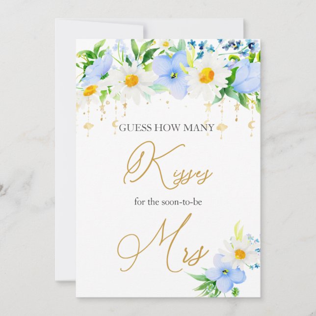 White Daisy Blue Floral Guess How Many Kisses Game Invitation (Front)